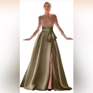 Women’s A-Line Long Sleeves Sequin Satin Formal Evening or Prom Dress w/Slit.